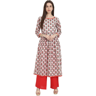 White & red printed 3/4 sleeve cotton A-Line kurta