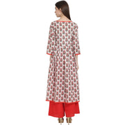 White & red printed 3/4 sleeve cotton A-Line kurta
