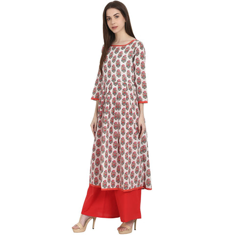 White & red printed 3/4 sleeve cotton A-Line kurta