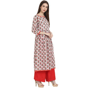 White & red printed 3/4 sleeve cotton A-Line kurta