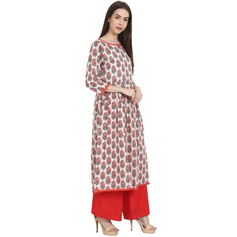 White & red printed 3/4 sleeve cotton A-Line kurta