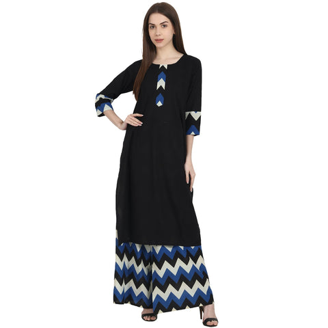 Black 3/4 sleeve kurta with blue printed ankle length plazzo