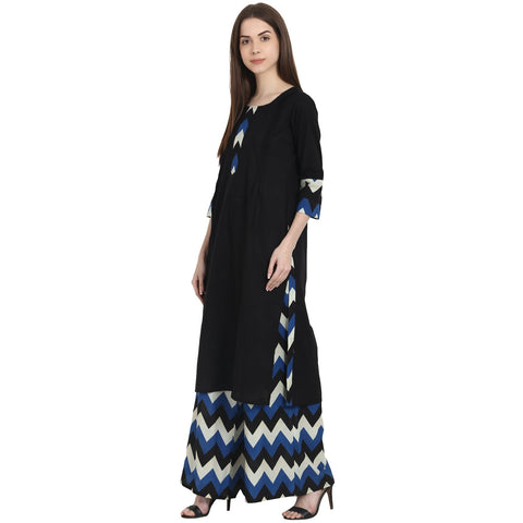 Black 3/4 sleeve kurta with blue printed ankle length plazzo