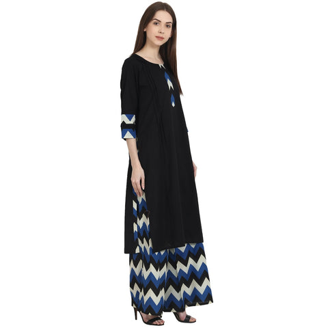 Black 3/4 sleeve kurta with blue printed ankle length plazzo