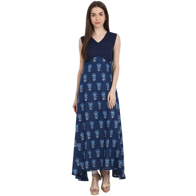 Blue printed sleevless cotton assymetrical kurta