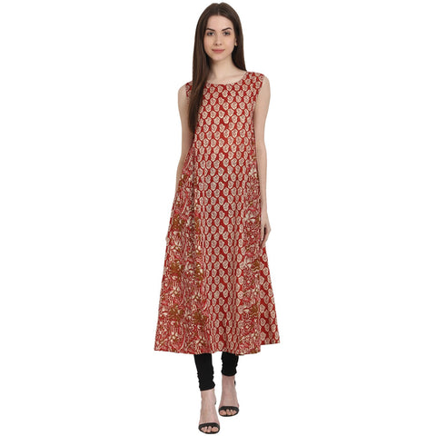Red printed sleevless cotton A-Line kurta