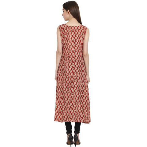 Red printed sleevless cotton A-Line kurta