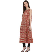 Red printed sleevless cotton A-Line kurta