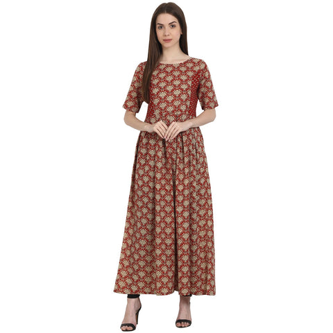 Red printed half sleeve cotton anarkali kurta