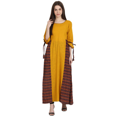 Yellow & coffee printed 3/4 sleeve cotton slub floor length kurta