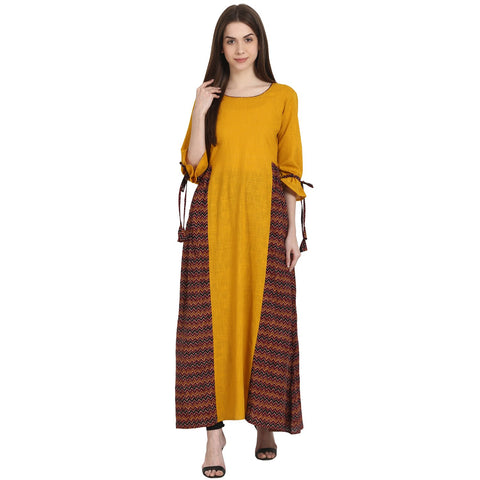 Yellow & coffee printed 3/4 sleeve cotton slub floor length kurta
