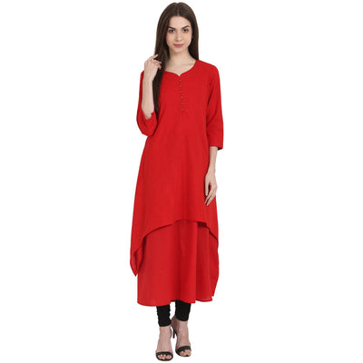 Nayo Women Solid Red Three-Quarter Sleeves Sweetheart Neck Cotton A-Line Kurta
