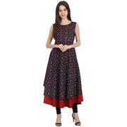 Multi printed sleevless cotton Anarkali kurta with red inner