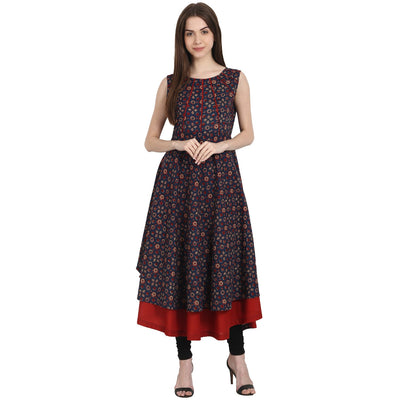 Multi printed sleevless cotton Anarkali kurta with red inner