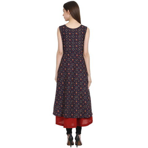 Multi printed sleevless cotton Anarkali kurta with red inner