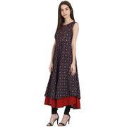 Multi printed sleevless cotton Anarkali kurta with red inner
