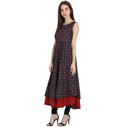Multi printed sleevless cotton Anarkali kurta with red inner