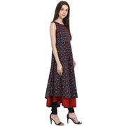 Multi printed sleevless cotton Anarkali kurta with red inner