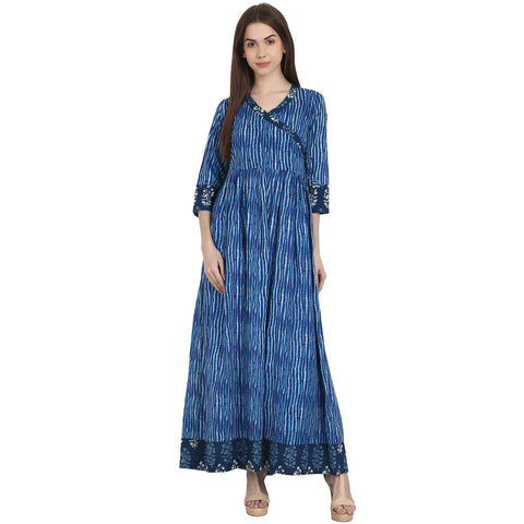 Blue printed 3/4 sleeve cotton Anghrakha kurta
