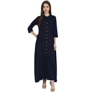 Navy blue 3/4 sleeve front open cotton slub A-line kurta