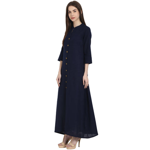 Navy blue 3/4 sleeve front open cotton slub A-line kurta