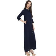 Navy blue 3/4 sleeve front open cotton slub A-line kurta