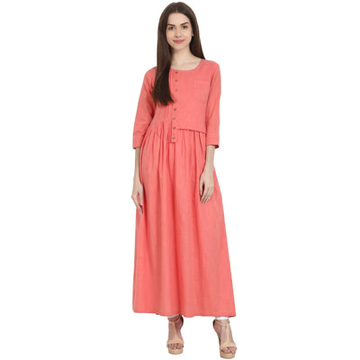 Peach 3/4 sleeve cotton slub A-line kurta