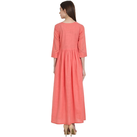 Peach 3/4 sleeve cotton slub A-line kurta
