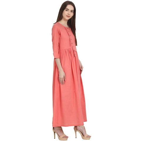 Peach 3/4 sleeve cotton slub A-line kurta
