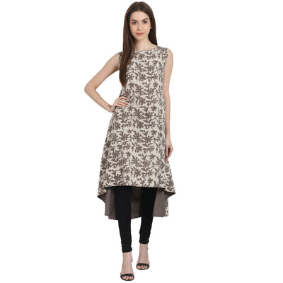 Beige printed sleevless cotton kurta
