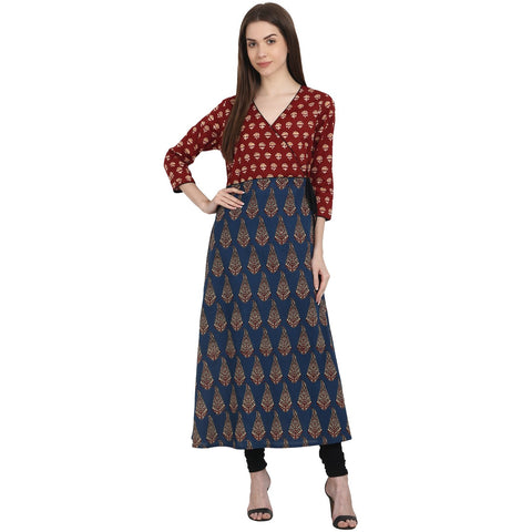 Multi printed 3/4 sleeve cotton A-line kurta