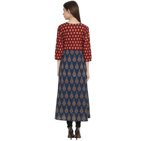 Multi printed 3/4 sleeve cotton A-line kurta