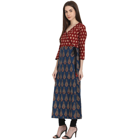 Multi printed 3/4 sleeve cotton A-line kurta