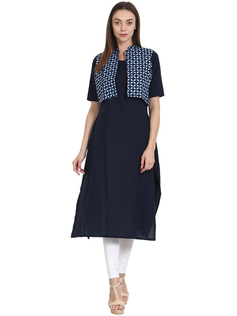 Nayo Women Navy Blue Sleevless Kurta with printed half sleeve jacket