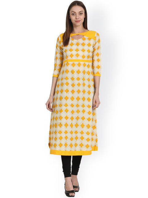 Nayo Yellow printed 3/4 sleeve cotton Kurta
