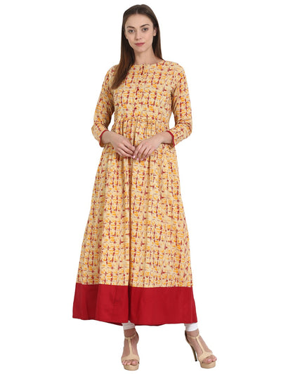 Nayo Beige printed 3/4 sleeve flared cotton kurta