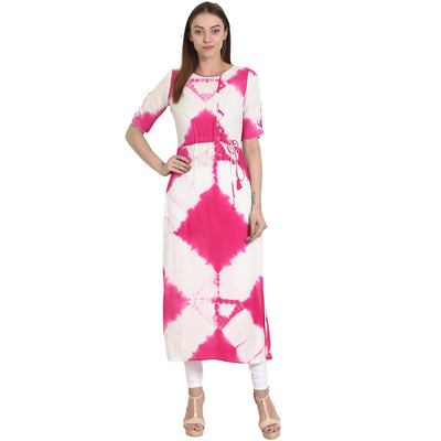 Nayo Women White & Pink half sleeve rayon tie die kurta