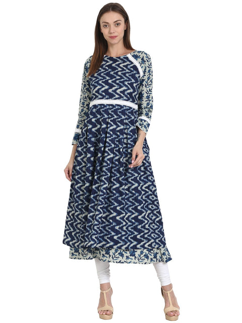Blue printed 3/4 sleeve cotton double layered anarkali kurta