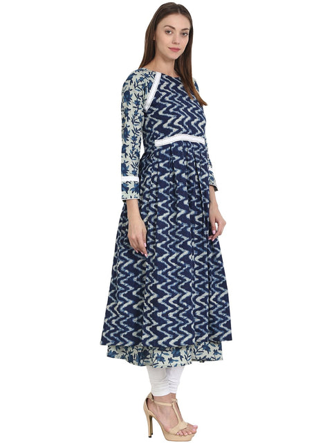 Blue printed 3/4 sleeve cotton double layered anarkali kurta