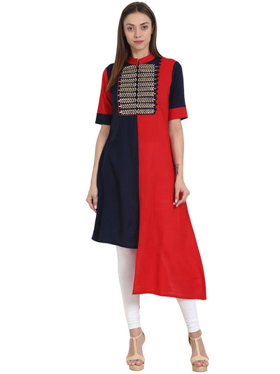 Nayo Women Red & Blue half sleeve cotton & Rayon kurta with embroidery work at yoke