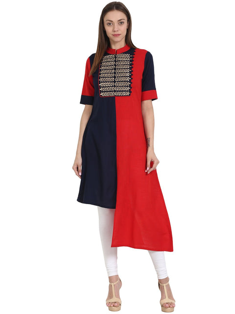 Nayo Women Red & Blue half sleeve cotton & Rayon kurta with embroidery work at yoke