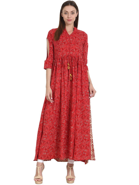 Nayo Women Red printed 3/4 sleeve cotton anarkali kurta