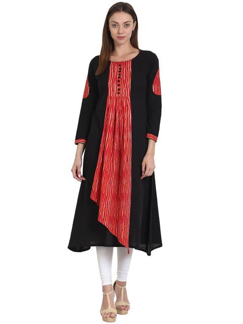 Nayo Women Black & red 3/4 sleeve cotton slub anarkali kurta