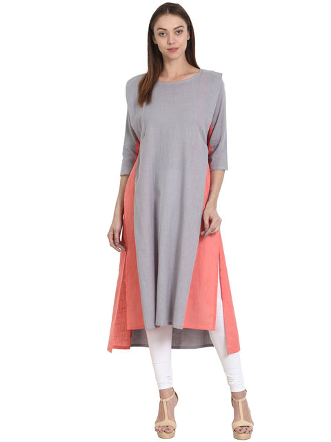 Nayo Women Grey & Peach 3/4 sleeve cotton slub low high kurta