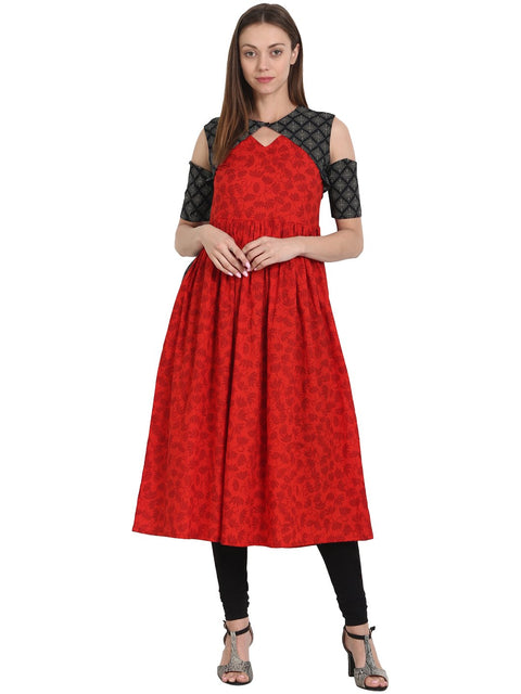 Nayo Women Red printed half sleeve cotton anarkali kurta