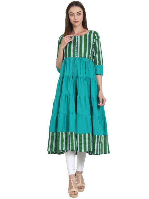 Nayo Women Blue & Green printed 3/4 sleeve cotton tiered anarkali kurta