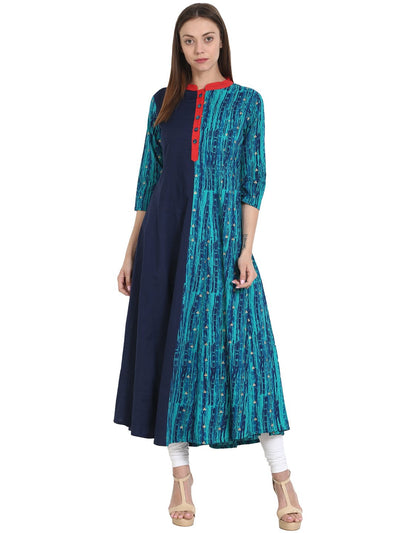 Nayo Blue printed 3/4 sleeve cotton flared kurta