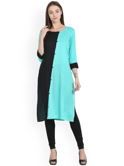 Nayo Aqua & black 3/4 sleeve rayon kurta