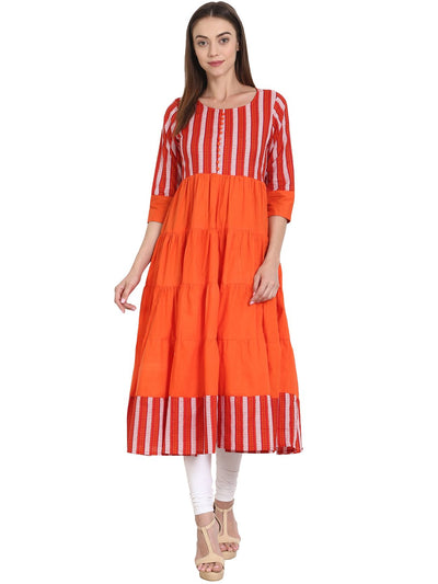 Nayo Women Orange & Red printed 3/4 sleeve cotton tiered anarkali kurta