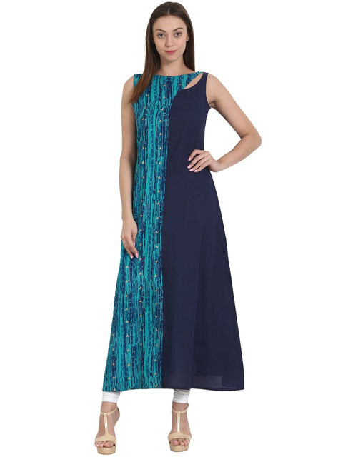 Nayo Women Blue printed sleevless long A-line  cotton kurta